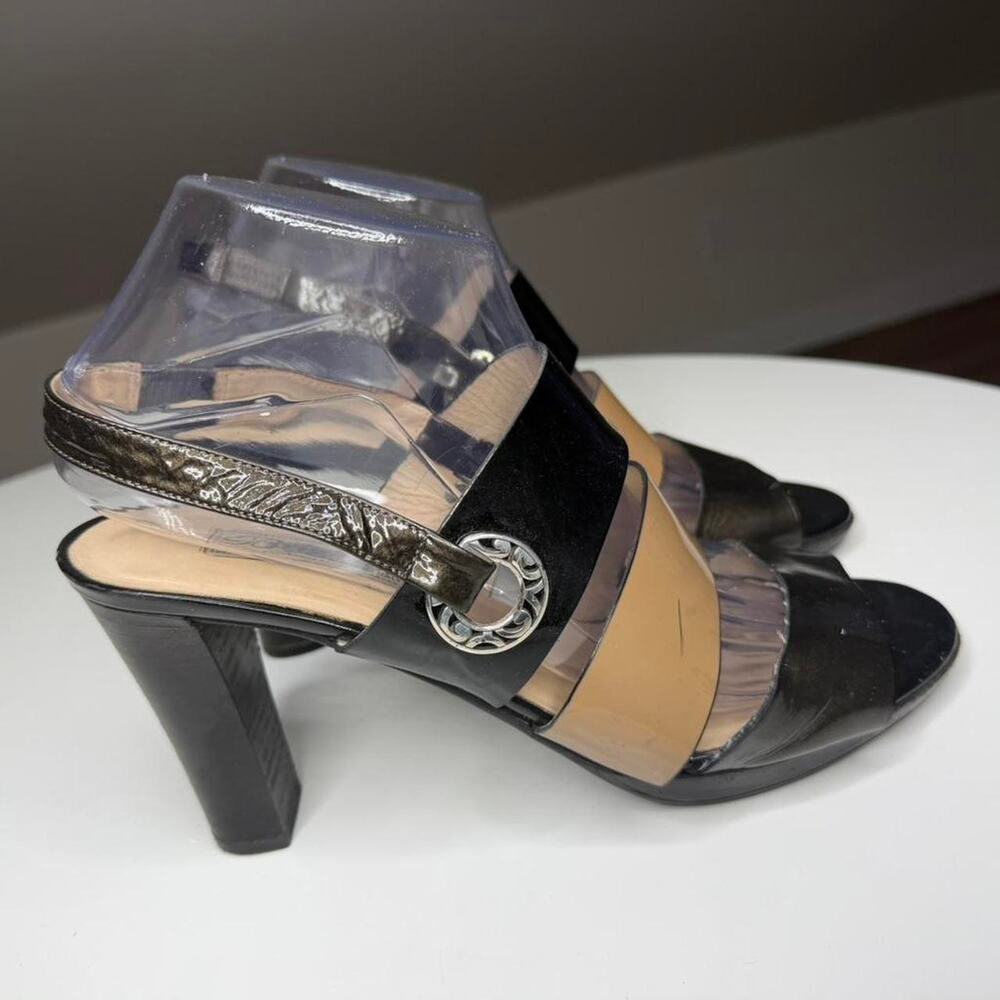 Brighton “Villa” slingback heels in‎ a chic black + tan patent leather
